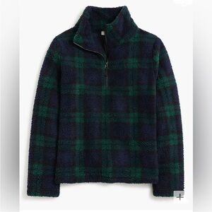 NWT J.Crew Blue Green Watch Plaid Sherpa Fleece Half Zip Pullover Women's XXS